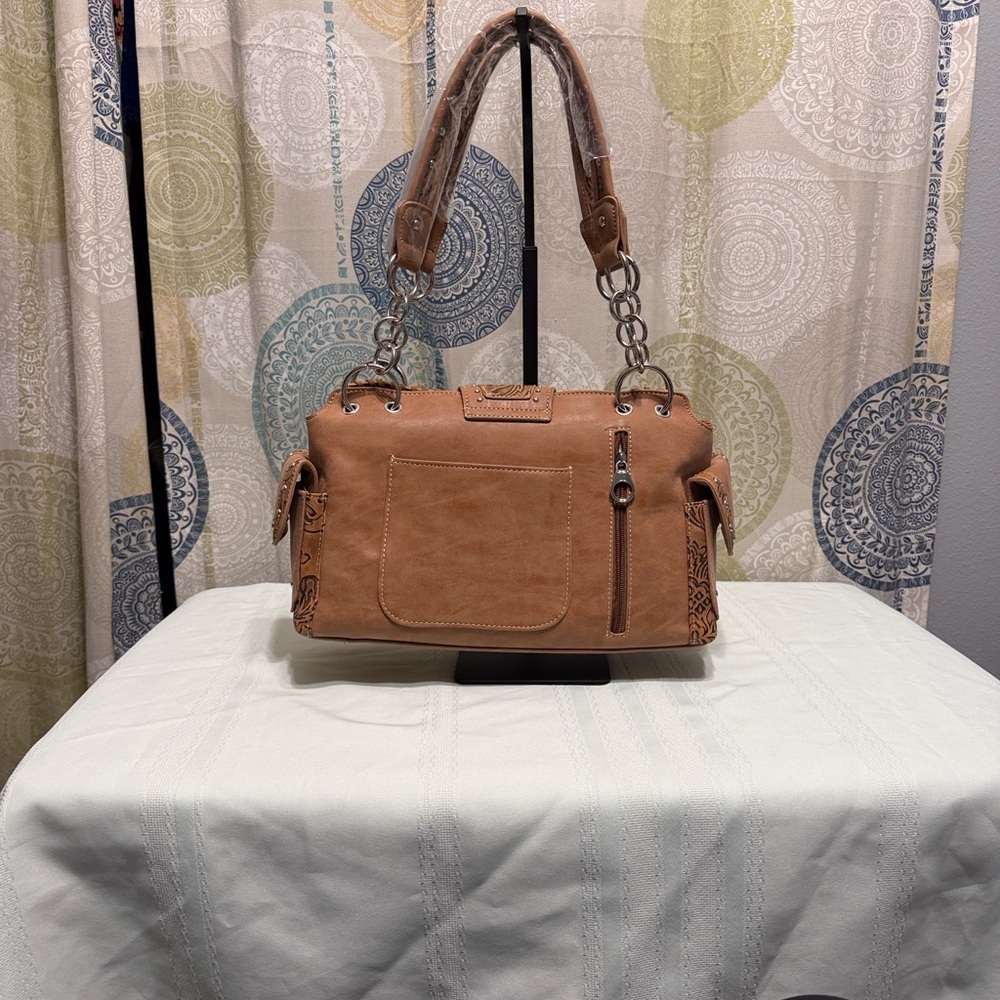 Carved Brown Shoulder Bag with Turquoise Buckle Accent - Picture 3 of 5